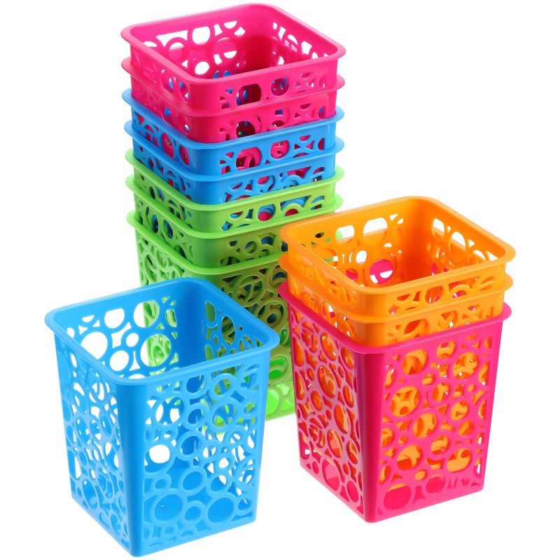 Chinco 12 Pcs Desk Pencil Holder Desktop Plastic Pencil Cups for Desk Hollow Square Classroom Pencil Baskets Office Storage Organizer for Kids Makeup Cosmetic Cup for Home Classroom Drawer in 4 Bright Colors - Image 1
